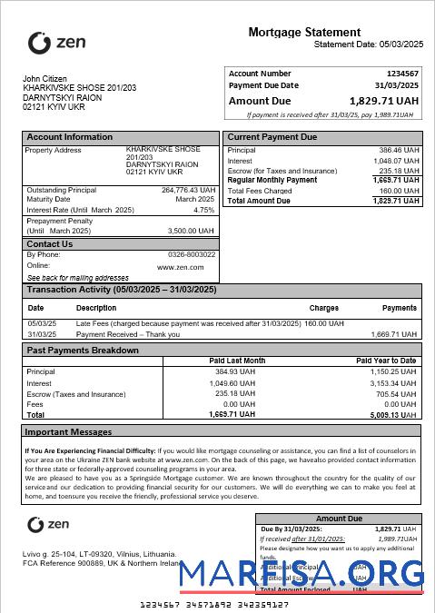 Downloadable Ukraine ZEN mortgage statement in Word and PDF formats sample